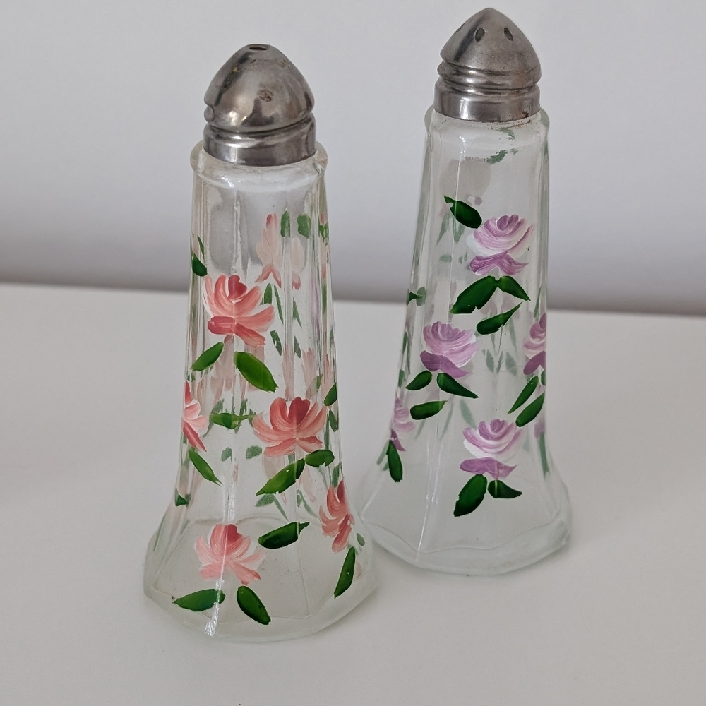 Vintage Crystal Glass Hand painted Floral Salt And Pepper Shakers - Picture 3 of 5